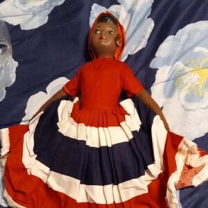 Vintage Colorful Kids Doll with Red and Blue Dress